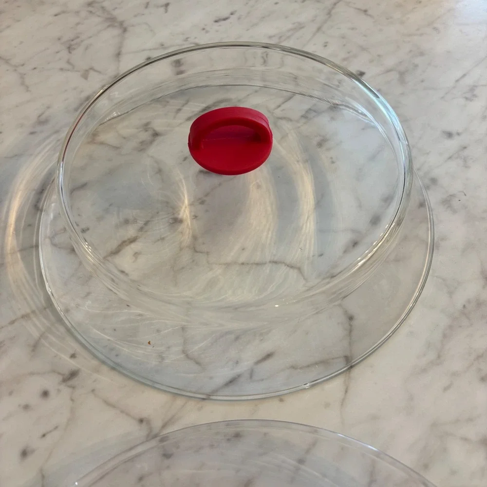 Clear Glass Microwave Plate and Vented Dome Cover Set with Red Handle